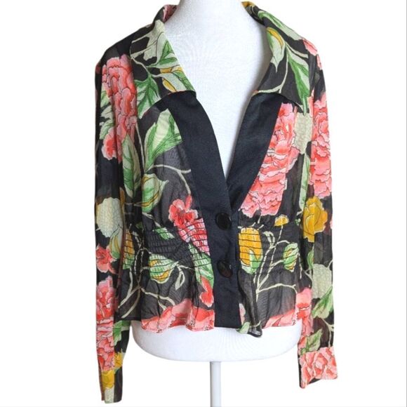 Vintage 70s Sheer Floral Womens Peplum top Blouse Black Orange Pink Yellow L/XL - Picture 3 of 7